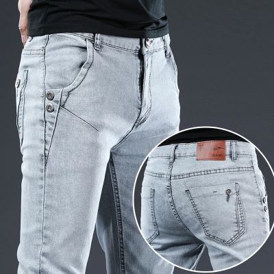 กางเกงยีนส์กางเกงผ้ายืดกางเกงยีนส์ตรงยางยืดสำหรับผู้ชายดีไซน์ Celana Jeans Denim กางเกงสกินนี่ขาเล็กเข้ารูป2023แบรนด์กางเกงยีนส์ผู้ชาย