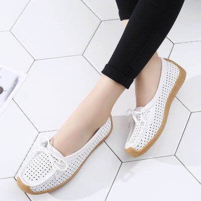 2023 New Womens Single-Layer Shoes Cowhide Soft Bottom Mom Shoes Summer Hollow Flat Tods Casual Shoes