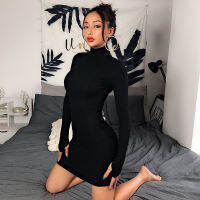 New  Spring Fall Fashion Yellow Middle Neck Long Sleeves Womens Clothes Sexy Party Casual Basic Knit Bodycon Mini Dresses