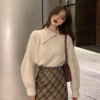 Loribindwood  Winter Korean Version of The Lapel Imitation Mink Velvet Short White Sweater Super Fairy Design Knit Sweater