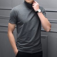 COD Spot price is about to rise] quality mens wear small high-collar T-shirt mens handsome semi-high collar t-shirt mens short-sleeved pure cotton slim shiny cotton medium collar half-sleeved spring and summer small round neck bottomed shirt Tee