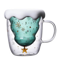 300ML Christmas Tree Mug Lid Snowflake Glass Cup Double Layered Heat-Resistant Coffee Mug Drink Cup Cute for Christmas Gift