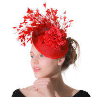 สีขาวขนนกสีแดง Fascinators หมวกดอกไม้ C Hapeau ผู้หญิงคริสตจักรการแข่งขันสุภาพสตรีอุปกรณ์ผมเจ้าสาวปกคลุมใบหน้า Pill หมวกกิ๊บ