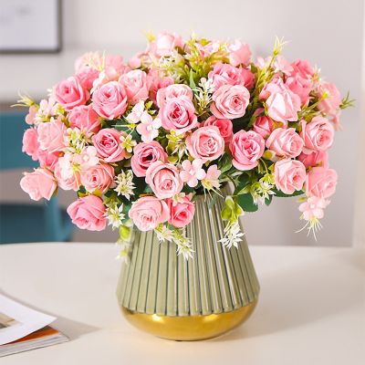 【CC】 10head Pink Silk Bouquet Artificial Wedding Decoration Bride To Fake Garden