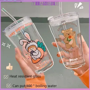 Glass Milk Cup for Kids Children's Cartoon Water Bottle Heatable