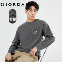 GIORDANO Men T-Shirts Tiger Embroidery 100% Cotton Tee Single Pocket Crewneck Long Sleeve Simple Fashion Casual Tshirts 18023630