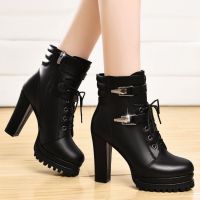 Brand Platform Women Boot Autumn Winter New British Black High Heels Women Coarse Heels Ankle Boot Plush Goth Women Boot Botas