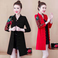 【CW】2021 Red Black Improved Slim Flower Embroidered Ladies Single-breasted Dress Chinese Cardigan Disc Pea Cheongsam for Womens