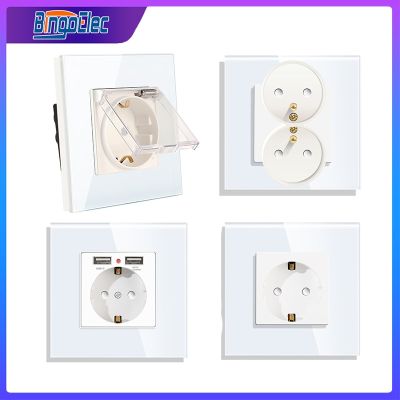 Bingoelec EU Power Socket with USB for Home Dual Usb Plug Double French Electrical Outlet 16A Crystal Glass Panel Wall Socket