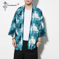 เสื้อคาร์ดิแกน Kimono ยูกาตะพิมพ์ลายแมวสำหรับผู้ชาย,กิโมโนผู้หญิงฮาราจูกุญี่ปุ่นกิโมโนสีฟ้าเสื้อโค้ทสีฤดูร้อนเสื้อเชิ้ตการแต่งกายคอสเพลย์ Kimono เอเชีย