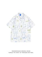 Japanese street cartoon cat short-sleeved shirt men and women retro loose couple all-match half-sleeved shirt 【BYUE】