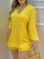 xixibeauty Womens Set Yellow Casual Long Sleeve Blouse And Short Pant Two-Piece Set