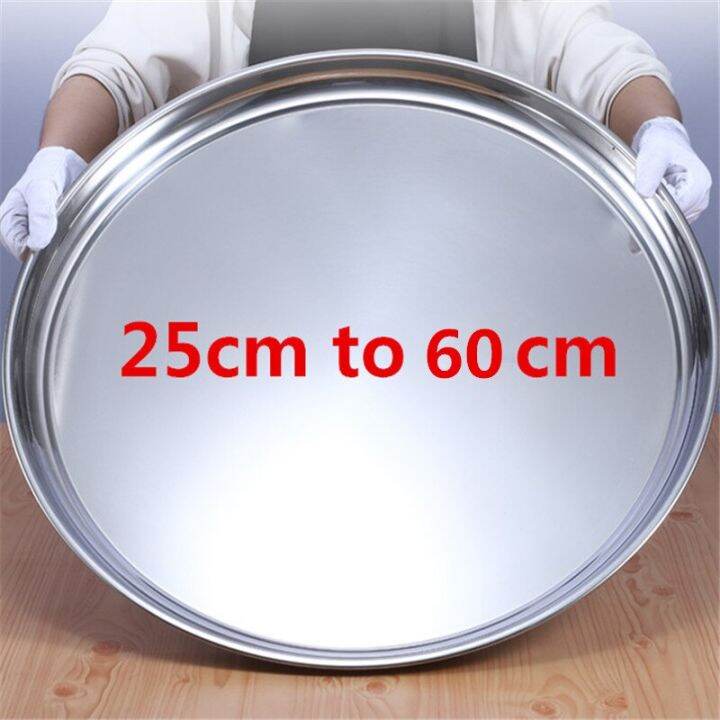 Thick Stainless Steel Plate Round Large Disc Flat Bottom Shallow Tray