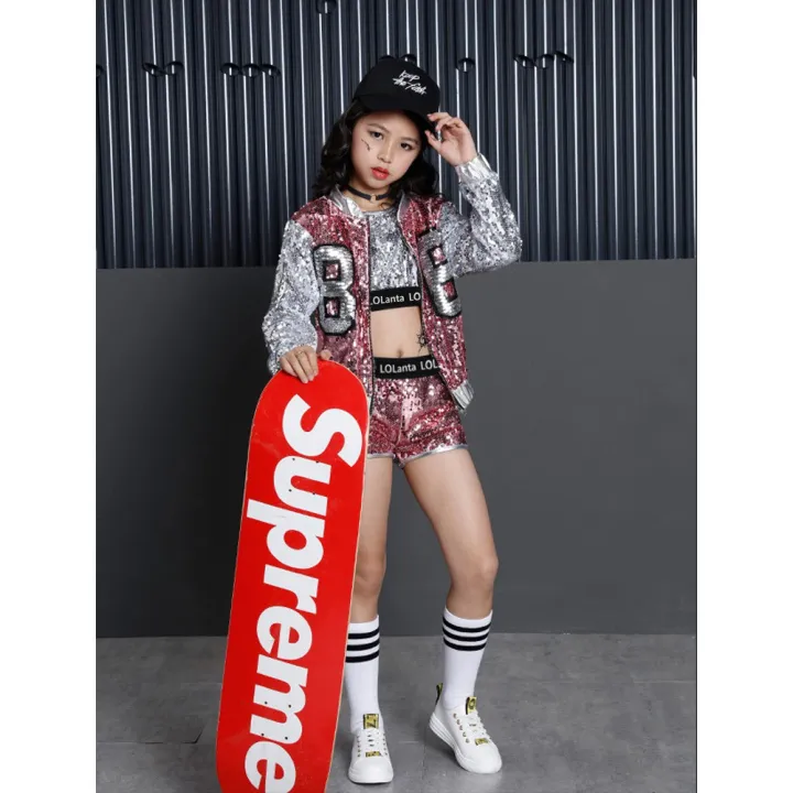 Ready Stock Kids Girls Pink Sequins Hip Hop Clothes Streetwear Crop Top  Jacket Shorts Set Children Korean Dance Outfit Modern Jazz Dance Costume  Stage Performance Wear Birthday Gift | Lazada PH