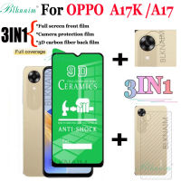 BLKNAIM (3-In-1) สำหรับ OPPO A17K /OPPO A17ฟิล์มป้องกันหน้าจอเซรามิกแบบเต็ม + ฟิล์มเลนส์กล้องถ่ายรูป + ฟิล์มด้านหลังคาร์บอนไฟเบอร์3D