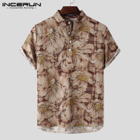 Medussa INCERUN เสื้อแขนสั้นลายดอกไม้สำหรับผู้ชายเสื้อเบลาส์ลำลองสำหรับใส่วันหยุด (ผ้าฝ้ายลินิน)