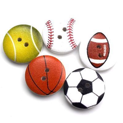 2-Holes Mixed Round Wood Buttons Printed Ball Sports Decorative Button for Boys Clothes Basketball Football 15MM Sewing Button