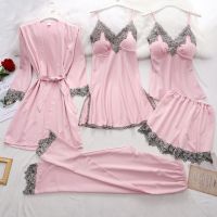 ☫❅❁ 5PCS/SET Silk Robe Sleep Suit Womens Lace Satin Pajamas Gown Set V-Neck Nighties Wear Pijama Home Nightwear Spring Nightdress