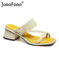 JonoFono Women Real Leather Sandals Open Toe Thick Heel Slip On Shoes Summer Outdoor Slides Slippers Female Footwear Size 34-39