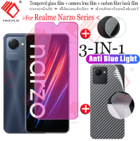 (3-In-1) สำหรับ OPPO Realme Narzo 50i Prime/Narzo 50A Prime/Narzo 50 4G/5G-สีฟ้ากระจกนิรภัยป้องกันแสงม่วงน้ำเงินหน้าจอ Protector ฟิล์มตัวปกป้องกล้องถ่ายรูป + กล้องฟิล์มเลนส์ + 3D ฟิล์มคาร์บอนไฟเบอร์