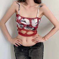 Herione เสื้อสายเดี่ยวพิมพ์ลายประสาทหลอนของผู้หญิง501T385สั้นเข้ารูปฤดูร้อนใหม่