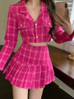 Fall Small Fragrance Vintage T Two Piece Set Women Crop Top Woolen Short Jacket Coat Mini Skirts Sets Sweet 2 Piece Suits