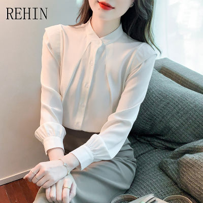 REHIN เสื้อผู้หญิงแขนยาวผ้าชีฟองช่องหลวมสีขาวดีไซน์ปลอกคอตั้งสง่าใหม่แฟชั่นสไตล์เกาหลีฤดูใบไม้ผลิ