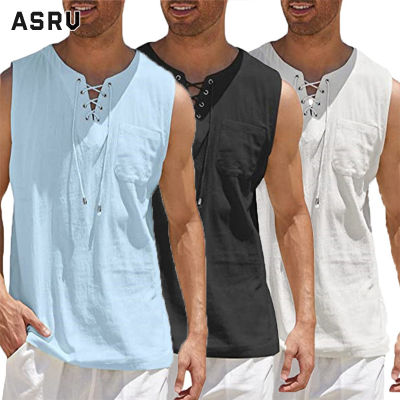ASRV เสื้อยืดผู้ชาย เสื้อกล้ามชาย เสื้อแขนกุดชาย เสื้อแขนกุดผู้ชายใหม่คอปกตั้งเสื้อสวมศีรษะผู้ชาย