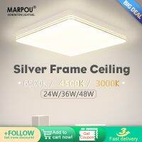 [HOT QQZIWWUJJWG 104] MARPOU LED โคมไฟเพดานสแควร์เงินกรอบ48วัตต์ธรรมชาติสีขาวความมันวาวแสงโคมไฟเพดานสำหรับห้องนอนห้องนั่งเล่นตกแต่ง