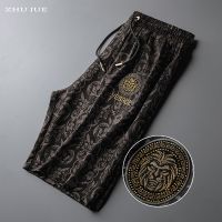 ☑ European Mens Drawstring Beach Pants High-end Comfortable Thin Thin Elastic Printed Pattern Shorts Cropped Pants Large Size Thin