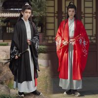 Hanfu ชุดชุดโบราณผู้ชายสไตล์โบราณสไตล์เหว่ยจินนักเรียนสีดำแดงหล่อดาบจีนสำหรับผู้ชายและผู้หญิง