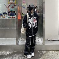 {AH Department Store}Y2k สีดำ Aesthetic Harajuku Emo Hoodie ผู้หญิง Skull Graphic พิมพ์เสื้อแขนยาว Punk เกาหลีแฟชั่น Alt Gothic Clothes