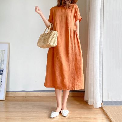 Simple literary and artistic loose thin cotton dress womens summer 2023 new large size fat mm mid-length knee-length skirt