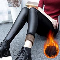 HOT HULXOIQQQEWV 573[] ใหม่ผู้หญิงฤดูหนาวหนัง PU กางเกงยืดหยุ่นเอวสูงหนากำมะหยี่ Leggings กางเกงอบอุ่นหนายืดขนแกะซับถุงน่อง