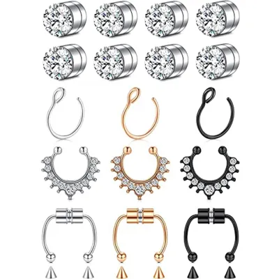 WKOUD 1-17PCS Stainless Steel for Nose Clip and Ear Clip Set Magnet Fake Nose Ring for Women Men Non Piercing Body Jewelry