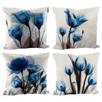 Decorative Throw Pillow Covers Blue Flower Cushion Covers Linen Square Throw Pillow Cases for Living Room Pillowcases