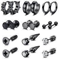 9 Pairs Black Stainless Steel Screw Stud Earrings for Men Women Piercing Earrings Small Huggie Hoop Earrings Set for Unisex