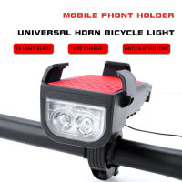 3 in 1 New Bicycle Headlight Bike Mobile Phone Stand Bicycle Horn LED USB Charging Front Light Cycling Safety Warning Lamp