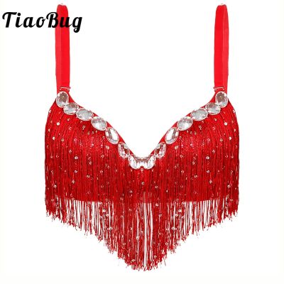 【cw】 Belly Costume Spaghetti Straps Fringe Push Up Brassiere Top Beading
