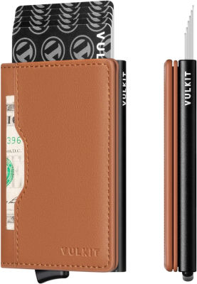 VULKIT Pop up Wallet Credit Card Holder with Leather Slots RFID Blocking Metlal Bank Card Case for Men or Women(Brown)