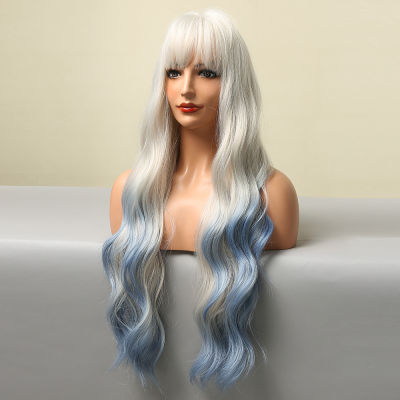 HENRY MARGU Long Wavy Blue White Ombre Synthetic Wigs Cosplay Highlight Wig for Women Natural Hair Wig with Bangs Heat Resistant