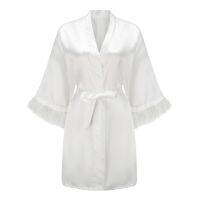 【LZ】❈  Robe de penas brancas com pele mangas completas sleepwear roupões de cetim para mulher camisola vestido de noiva roupão de banho feminino