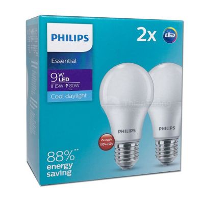 แพ็คคู่ หลอด LED ฟิลิปส์ หลอดไฟ ฟิลิปส์ Philips Essential LED Bulb 9W เอสเซนเชียล แสง DAYLIGHT WARM (ราคารวม 2 หลอด)