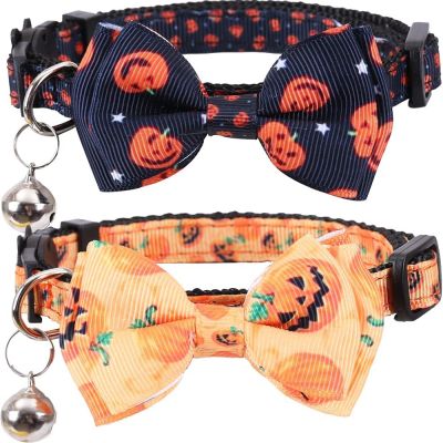 [HOT!] Halloween Cat Collar Breakaway with Bell and Bow Tie Ghost Pumpkin Patterns New Adjustable Nylon Safety Kitten Collar for Party