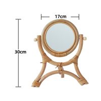 Hand-Woven Table Makeup Mirror with Stand Rack Natural Rattan Dressing Retro Desktop Mirror Vertical Flip Handmade Round