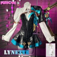 Genshin Impact Lynette Cosplay Costume Wig Fontaine Lyney Leather Uniform Dress Long Hair Ears Skirt Glove Outfit Tail Magician