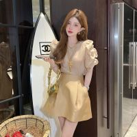 [2 Pieces] (NEW Ready Stock)  Fashion Set Women New Korean Bubble Sleeve Shirt+High Waist Short Skirt Two Piece Set