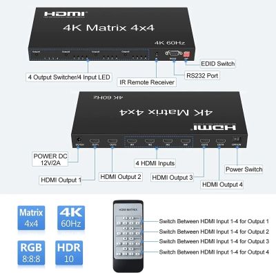 4K 60Hz HDMI 4X4เมทริกซ์จริง HDMI 2.0 Matrix 4X2 2X กล่องเลือกสัญญาณ4เครื่องกระจายสัญญาณ HDMI ด้วยรีโมท IR HDR HDCP 2.2 EDID