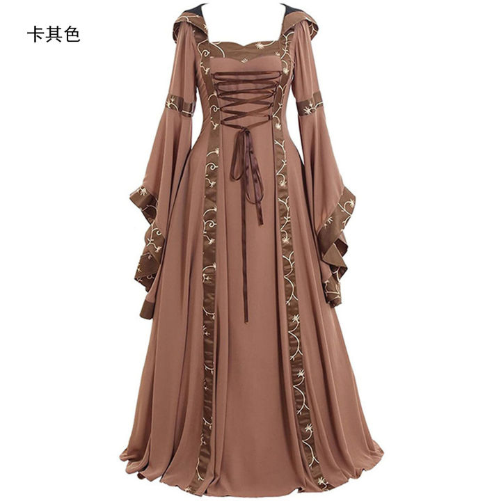 2020-european-and-american-medieval-retro-hooded-dress-square-collar-lace-up-trumpet-sleeve-large-swing-dress