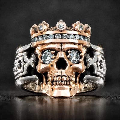 YSMLK Creative Vintage Dual Tone Crown Skull Head Rings for Men Punk Style Hip Hop Gothic Male Rings Jewelry Gift